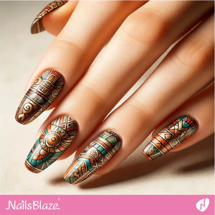 Aztec Geometric French Nail Art | Tribal Nails - NB2341